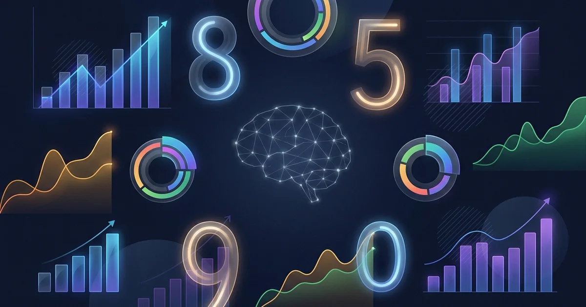 Collage of glowing charts, graphs, and numbers representing key artificial intelligence statistics for 2026