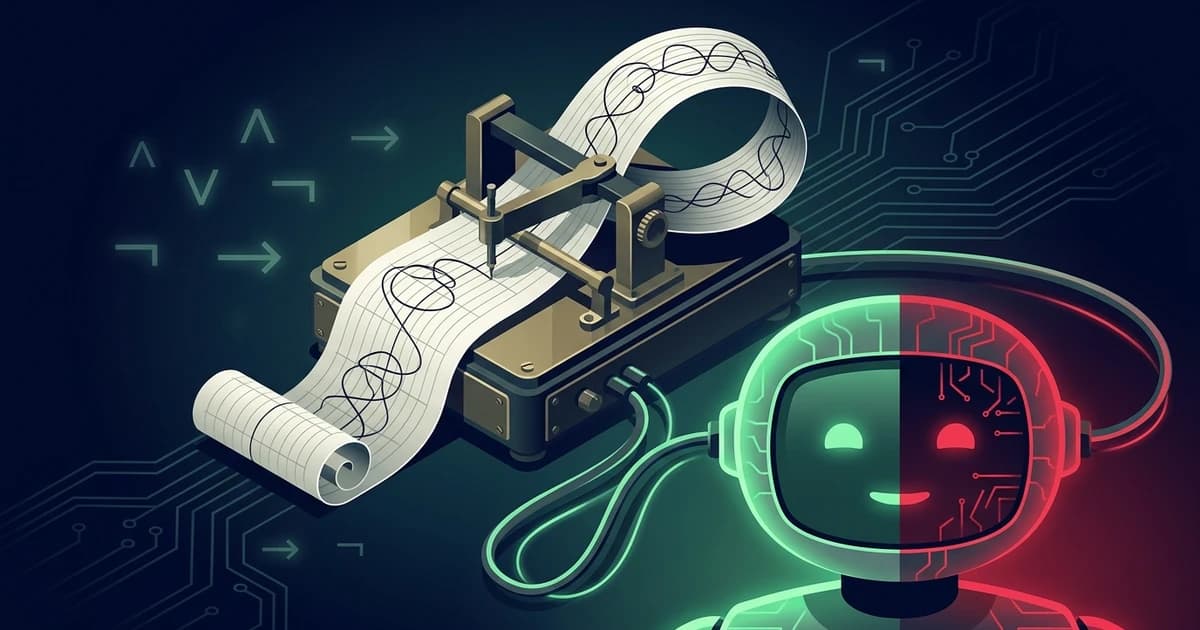 Illustration of a polygraph machine with its paper looping into a paradox while testing a robot split between truth and deception