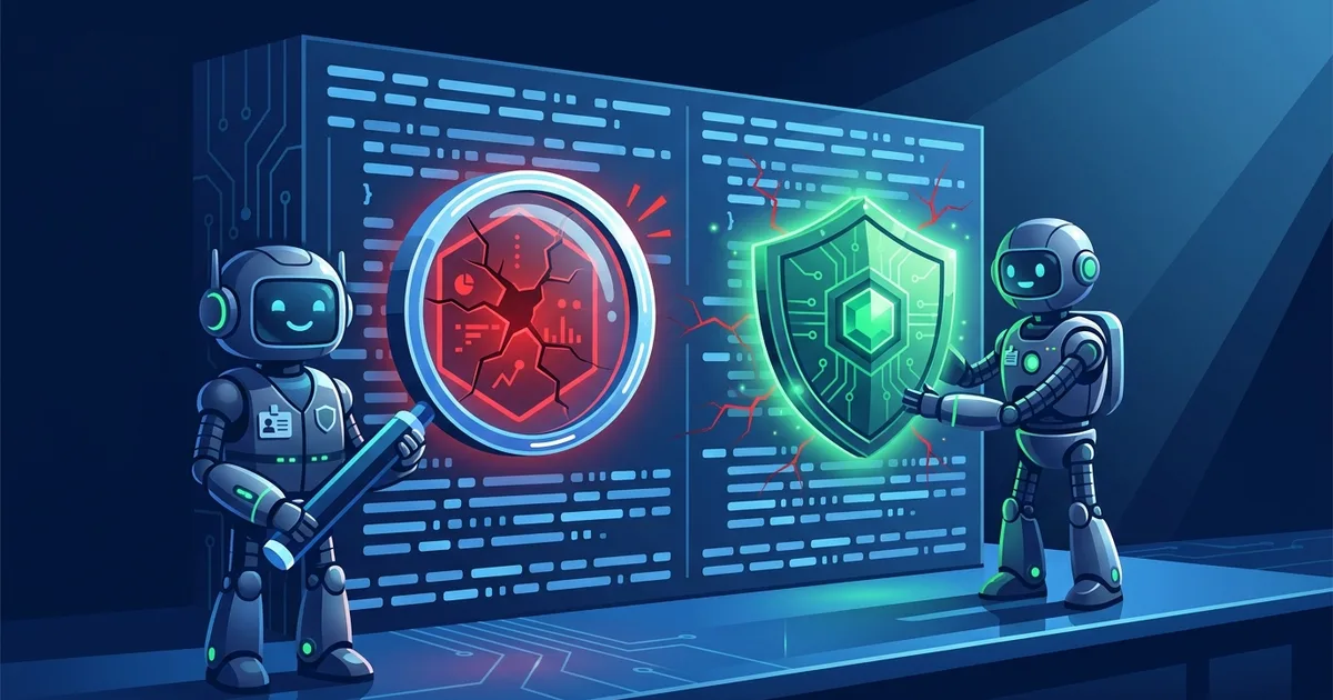 Illustration of two robot security guards inspecting a wall of code, one finding a cracked vulnerability with a magnifying glass and the other patching it with a shield