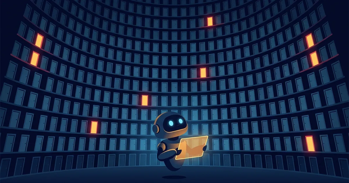 Illustration of a robot librarian facing a vast wall of glowing doorways with only a few lit, representing Kimi K3's mixture-of-experts architecture