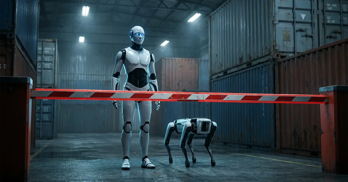 A humanoid robot and a four-legged robot dog stopped behind a red-and-white barrier gate in a shipping port, illustrating the US ban on Chinese-made robots.