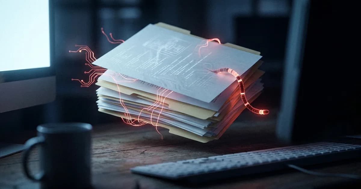 White office documents on a dark desk connected by glowing red threads of code, illustrating a self-spreading AI worm that hijacks Microsoft Copilot.