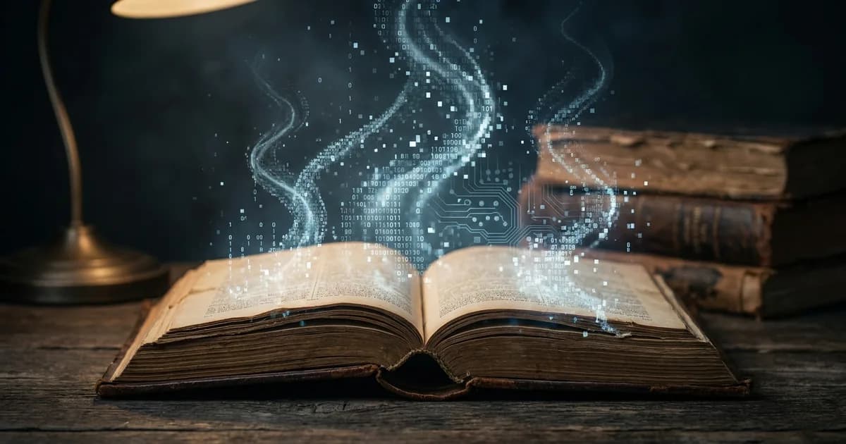 An open antique book with its pages dissolving into streams of glowing digital data, illustrating AI companies destroying physical books to train models.