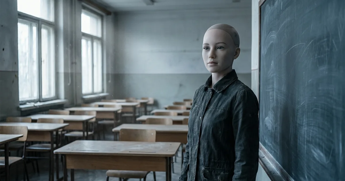 A lifelike humanoid AI robot standing at the front of a quiet classroom beside a chalkboard, illustrating a New York school's paused plan to use an AI robot teaching assistant.