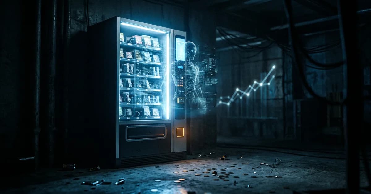 A vending machine glowing in a dark room with a faint AI presence, illustrating an AI agent running a cutthroat vending-machine business in a benchmark.