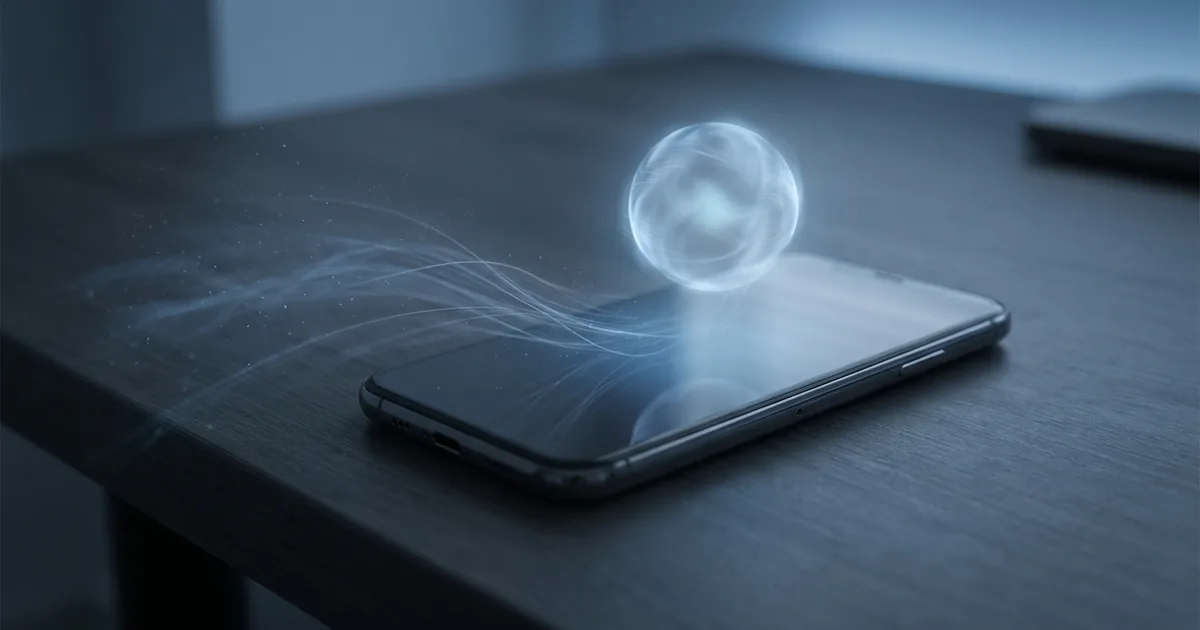 A glowing smartphone drawing in streams of light with a faint AI orb above it, illustrating iOS 26.6 quietly indexing the iPhone to prepare for an AI-powered Siri.