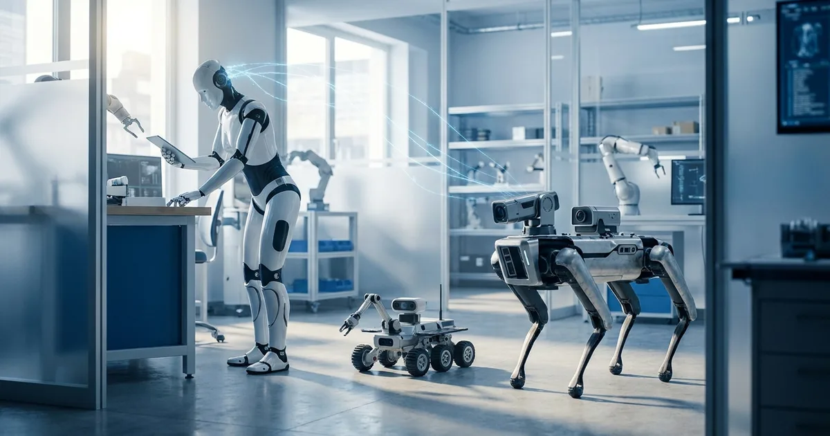 A humanoid robot, a four-legged robot, and a wheeled rover connected by glowing blue neural lines, illustrating Google DeepMind's Gemini Robotics 2 coordinating multiple robots as a team.